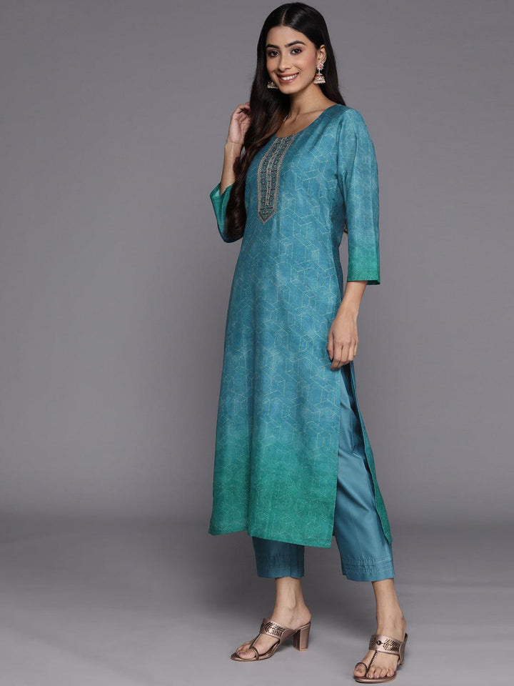 Blue Embroidered Silk Blend Suit Set With Trousers