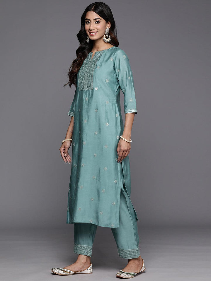 Blue Embroidered Silk Blend Straight Kurta With Trousers & Dupatta
