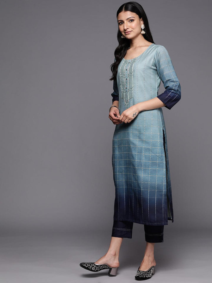 Blue Embroidered Silk Blend Straight Suit Set With Trousers