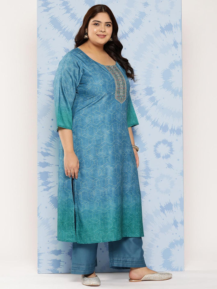 Blue Embroidered Silk Blend Straight Kurta With Trousers and Dupatta