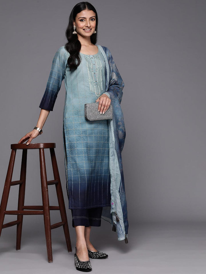 Blue Embroidered Silk Blend Straight Suit Set With Trousers
