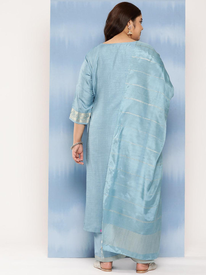 Blue Embroidered Silk Blend Straight Kurta With Trousers and Dupatta