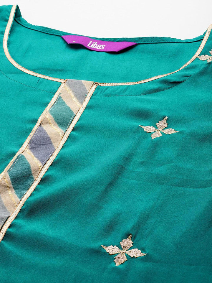 Blue Embroidered Silk Blend Straight Kurta With Trousers & Dupatta