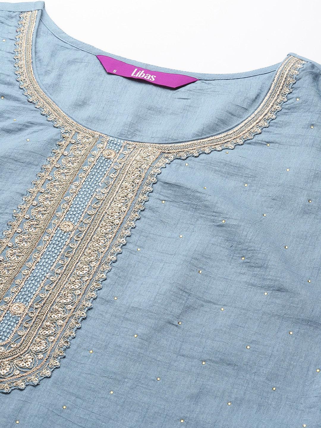 Blue Embroidered Silk Blend Straight Suit Set - ShopLibas