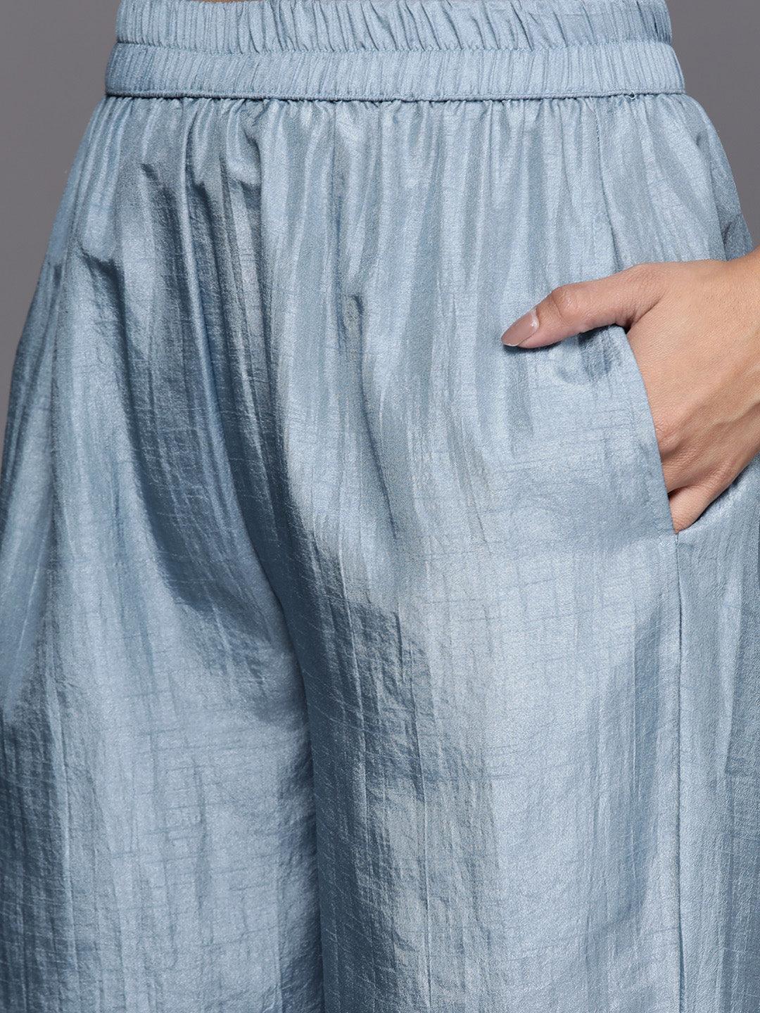 Blue Embroidered Silk Blend Straight Suit Set - ShopLibas