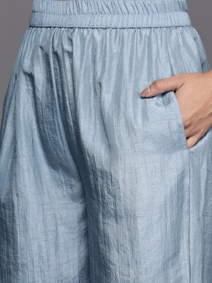 Blue Embroidered Silk Blend Straight Suit Set