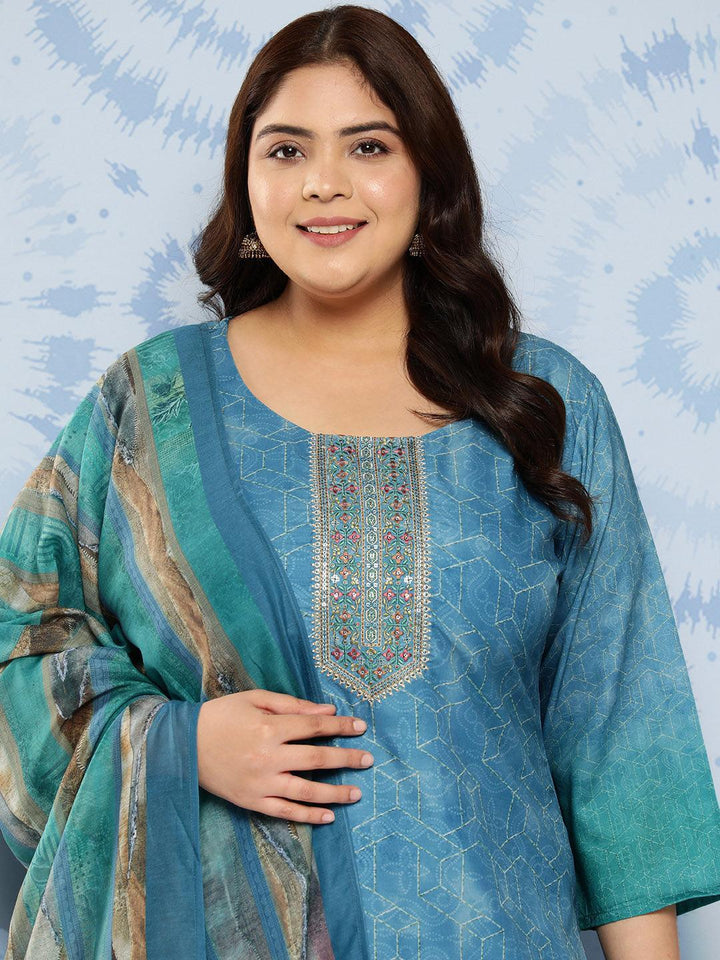 Blue Embroidered Silk Blend Straight Kurta With Trousers and Dupatta