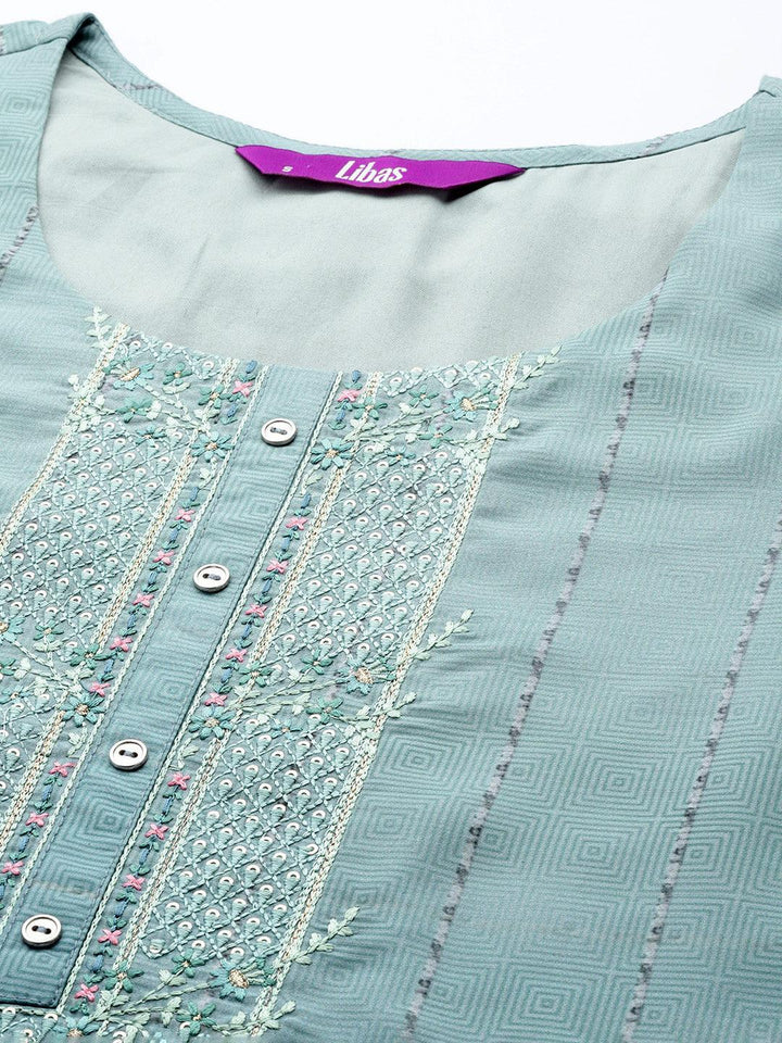 Blue Embroidered Silk Blend Straight Suit Set With Trousers