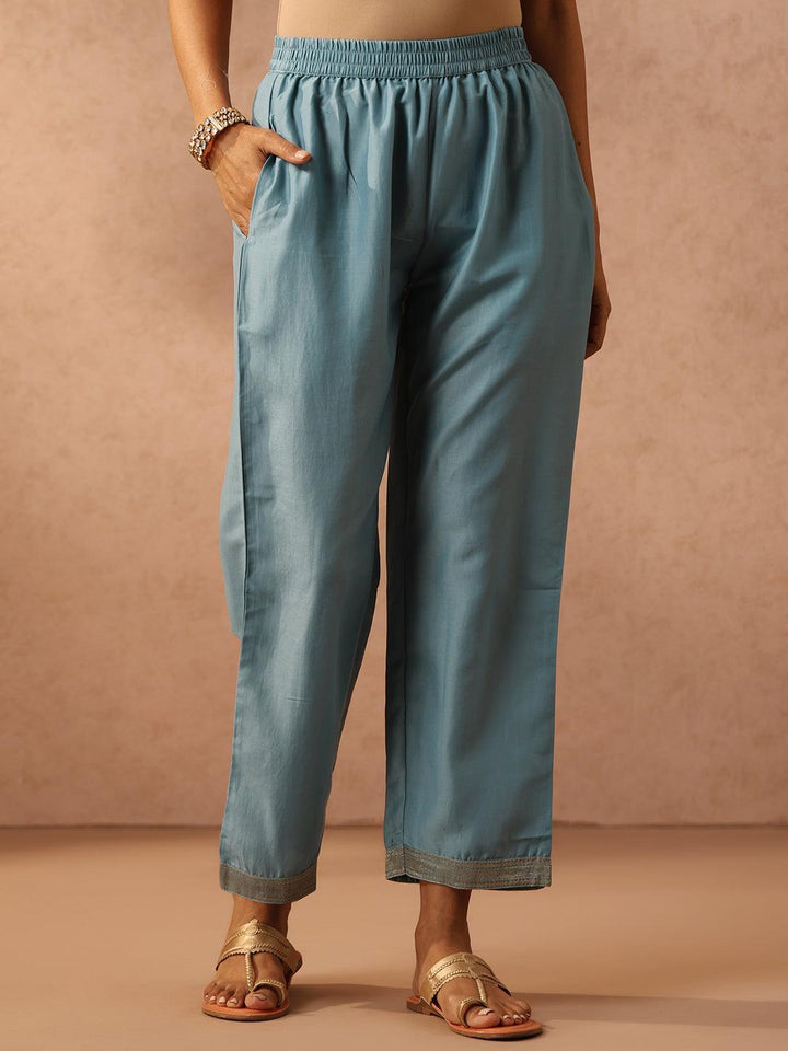 Blue Embroidered Silk Blend Suit Set With Trousers