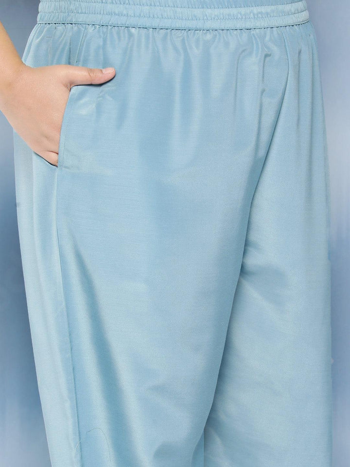 Blue Embroidered Silk Blend Straight Kurta With Trousers and Dupatta
