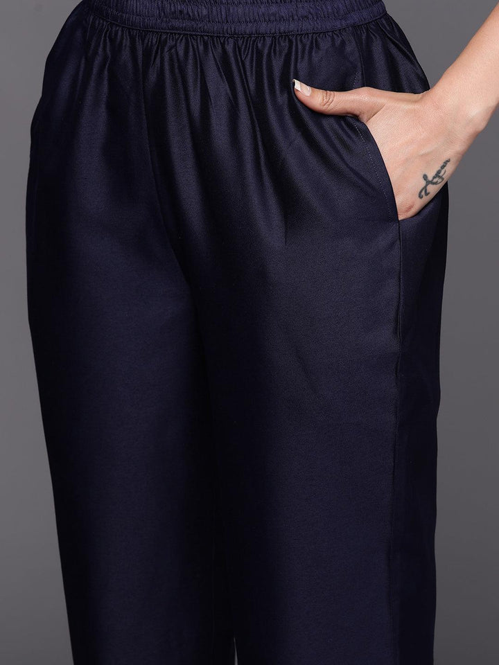 Blue Embroidered Silk Blend Straight Suit Set With Trousers