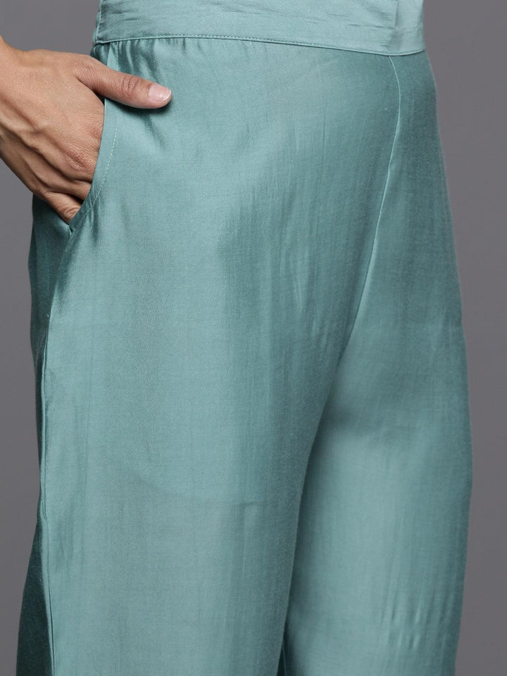 Blue Embroidered Silk Blend Straight Kurta With Trousers & Dupatta