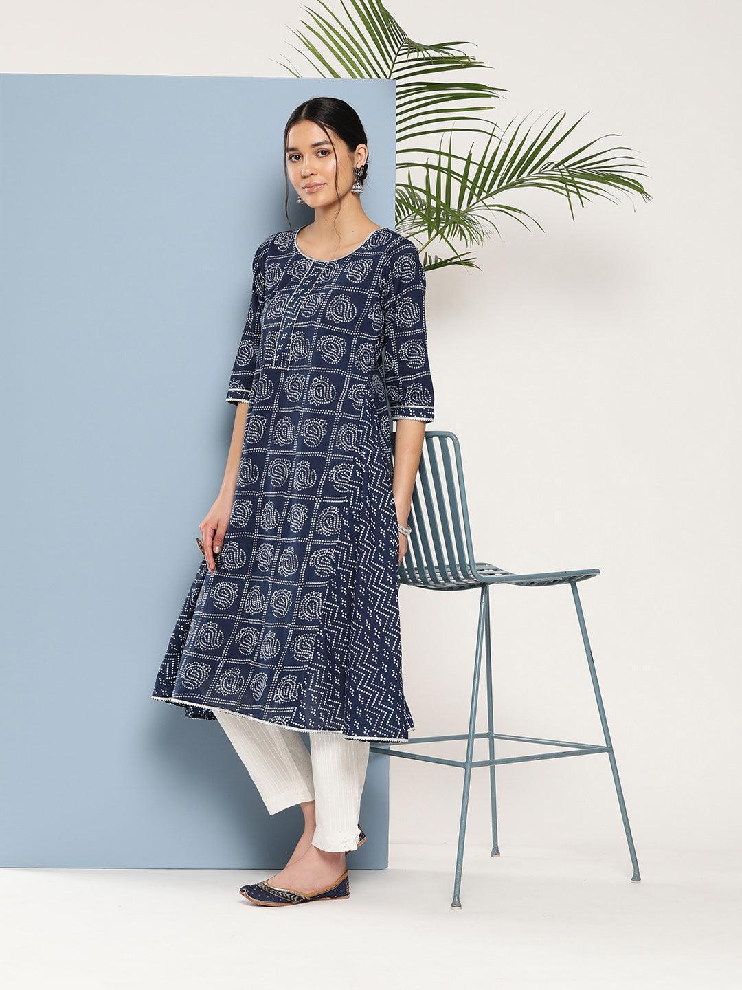 Blue Printed Cotton A-Line Kurta - ShopLibas