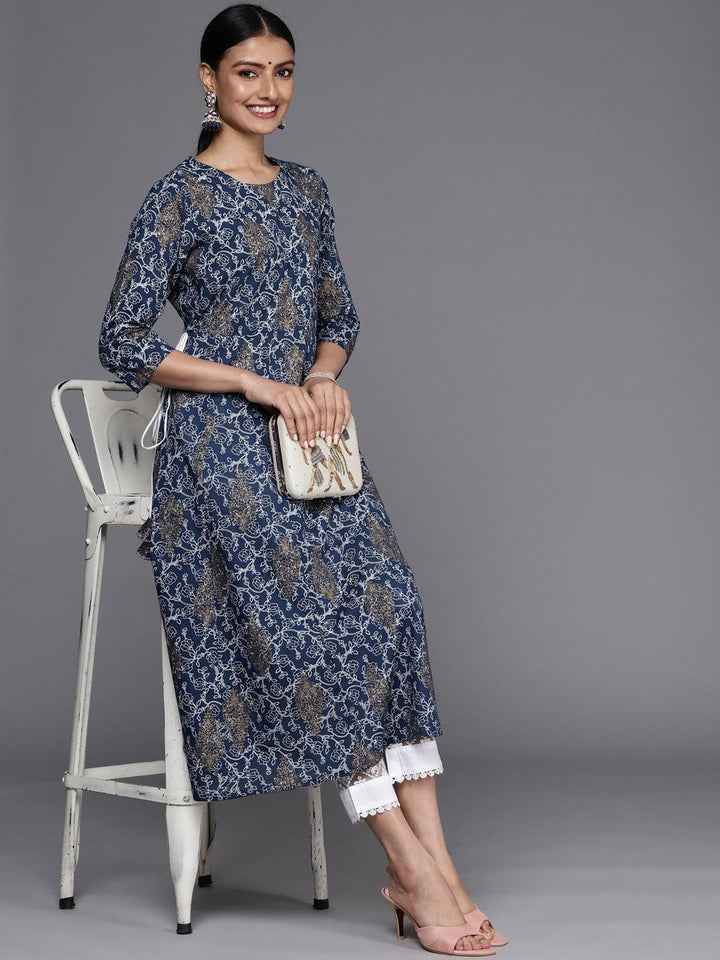 Blue Printed Cotton A-Line Kurta