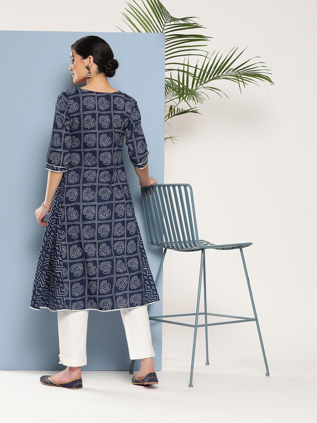 Blue Printed Cotton A-Line Kurta - ShopLibas