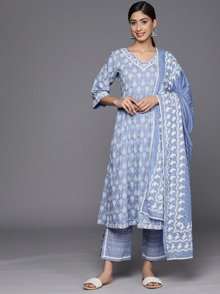 Blue Printed Cotton A-Line Suit Set With Trousers