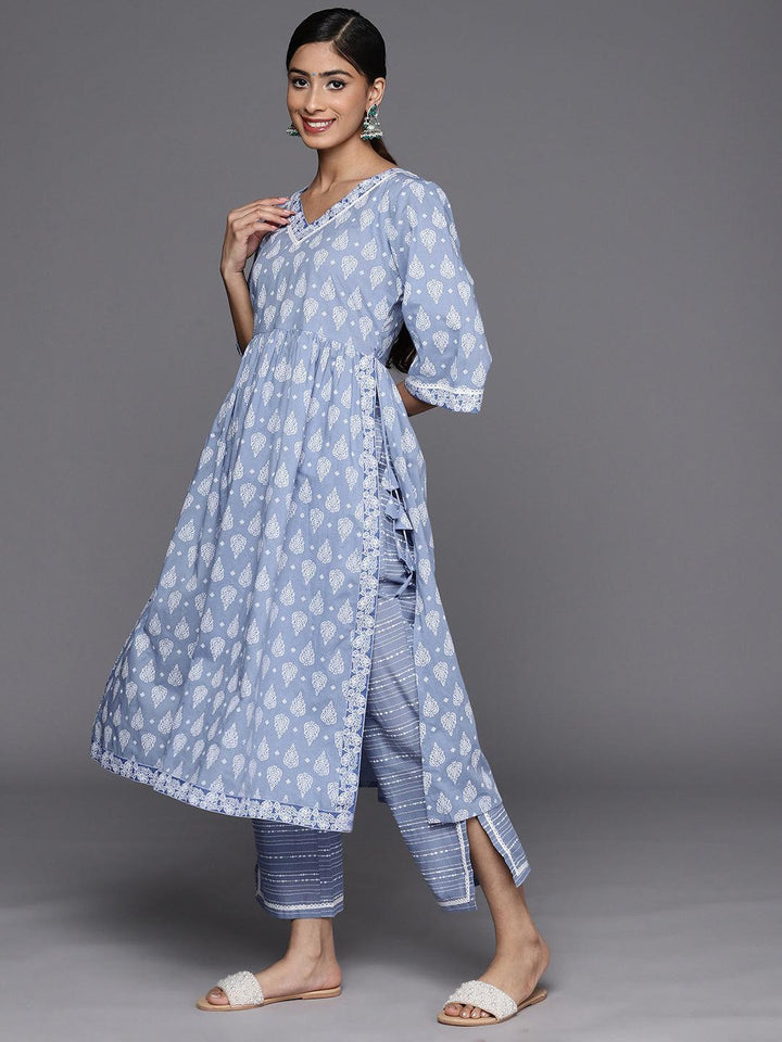 Blue Printed Cotton A-Line Suit Set With Trousers
