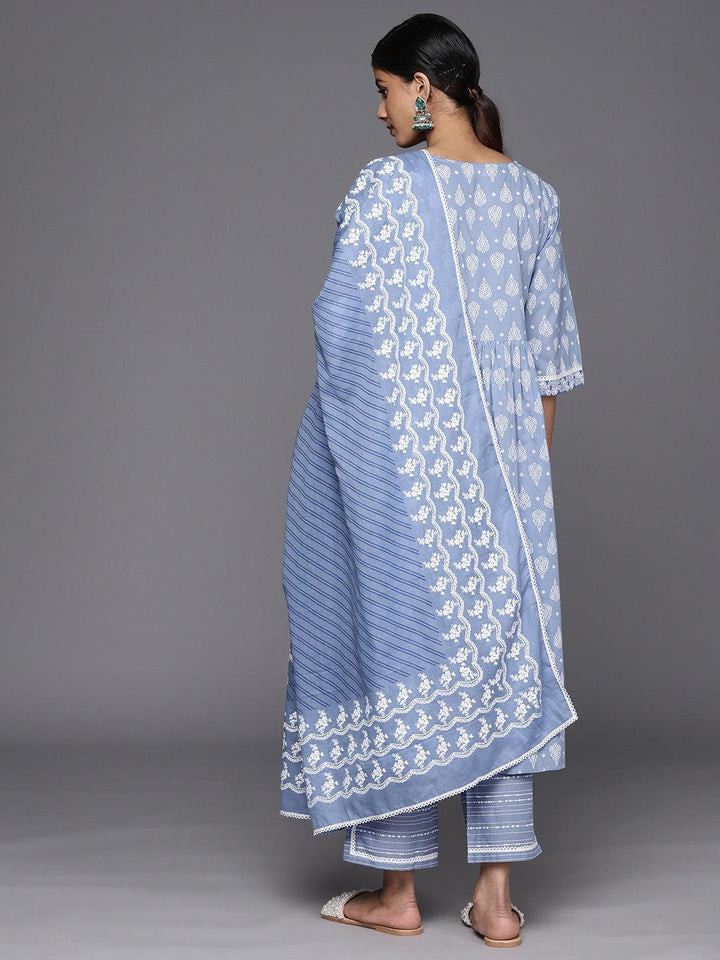 Blue Printed Cotton A-Line Suit Set With Trousers