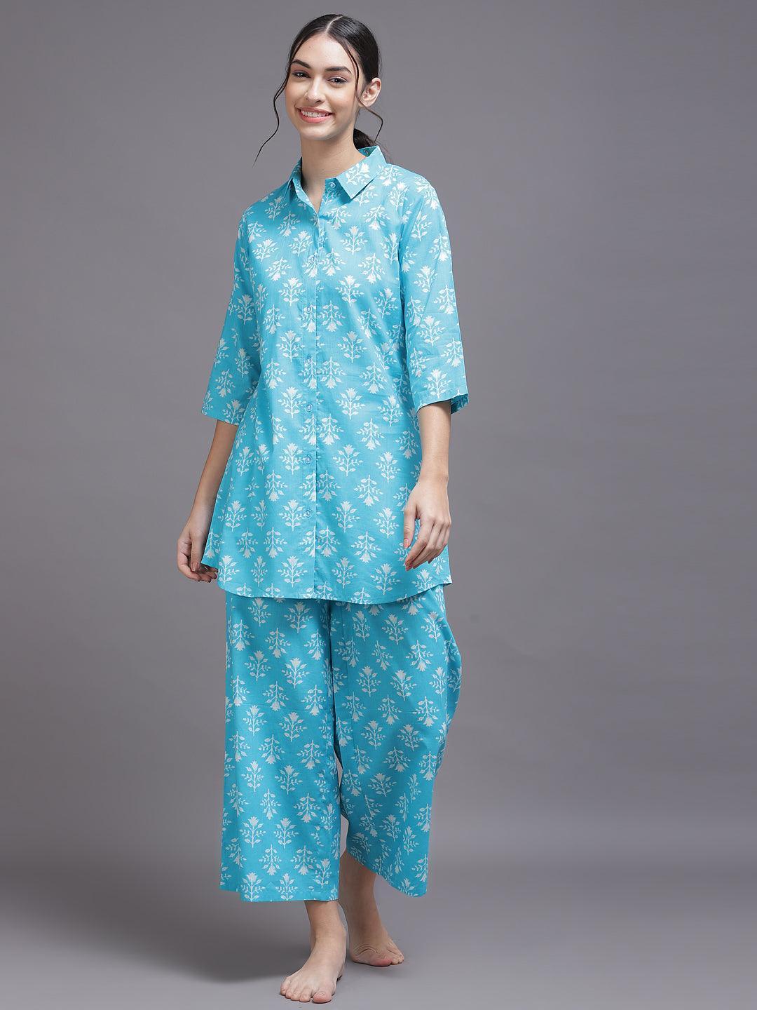 Blue Printed Cotton Night Suit - ShopLibas