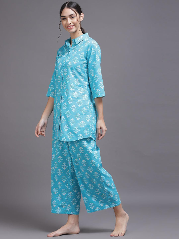 Blue Printed Cotton Night Suit