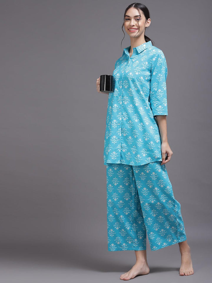 Blue Printed Cotton Night Suit