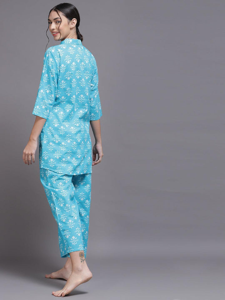 Blue Printed Cotton Night Suit