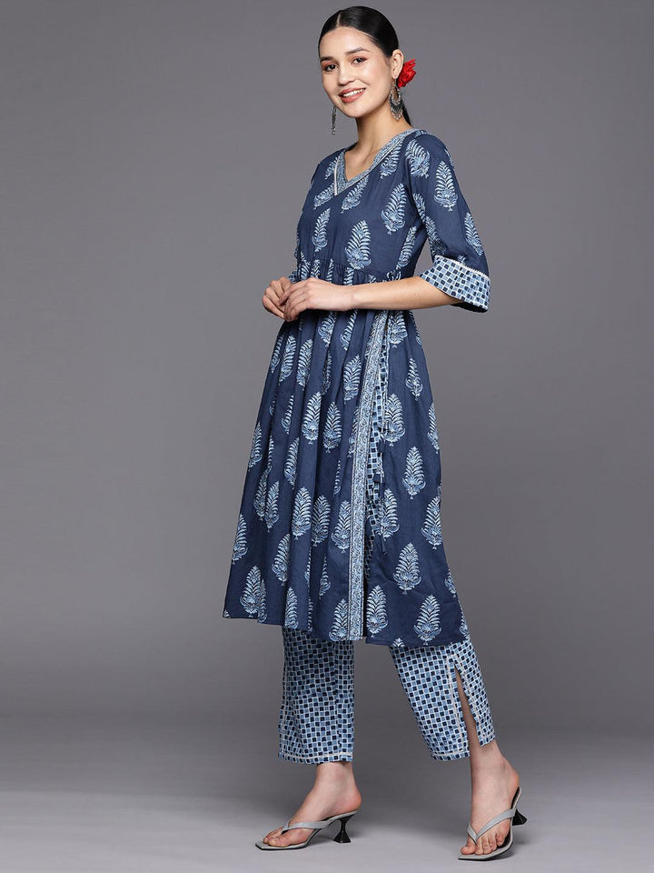 Blue Printed Cotton A-Line Suit Set With Trousers