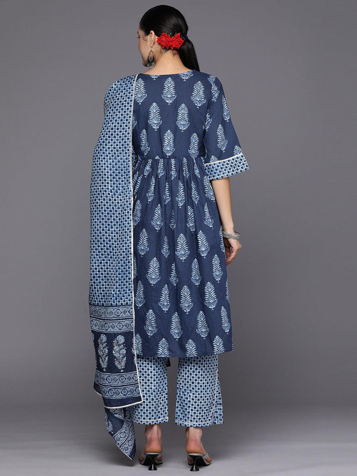 Blue Printed Cotton A-Line Suit Set With Trousers