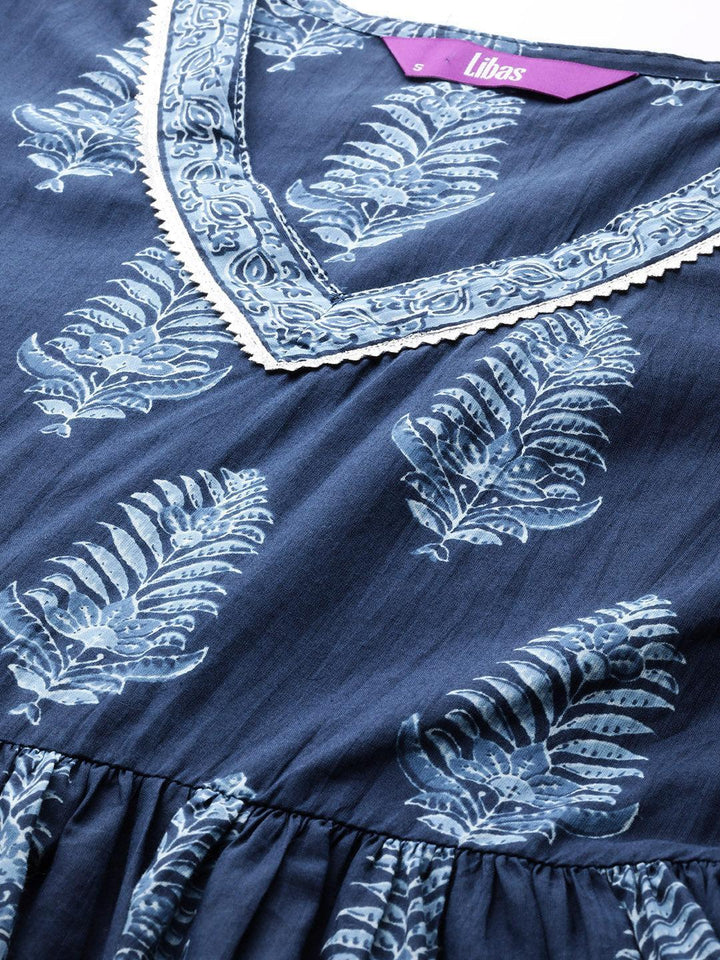 Blue Printed Cotton A-Line Suit Set With Trousers