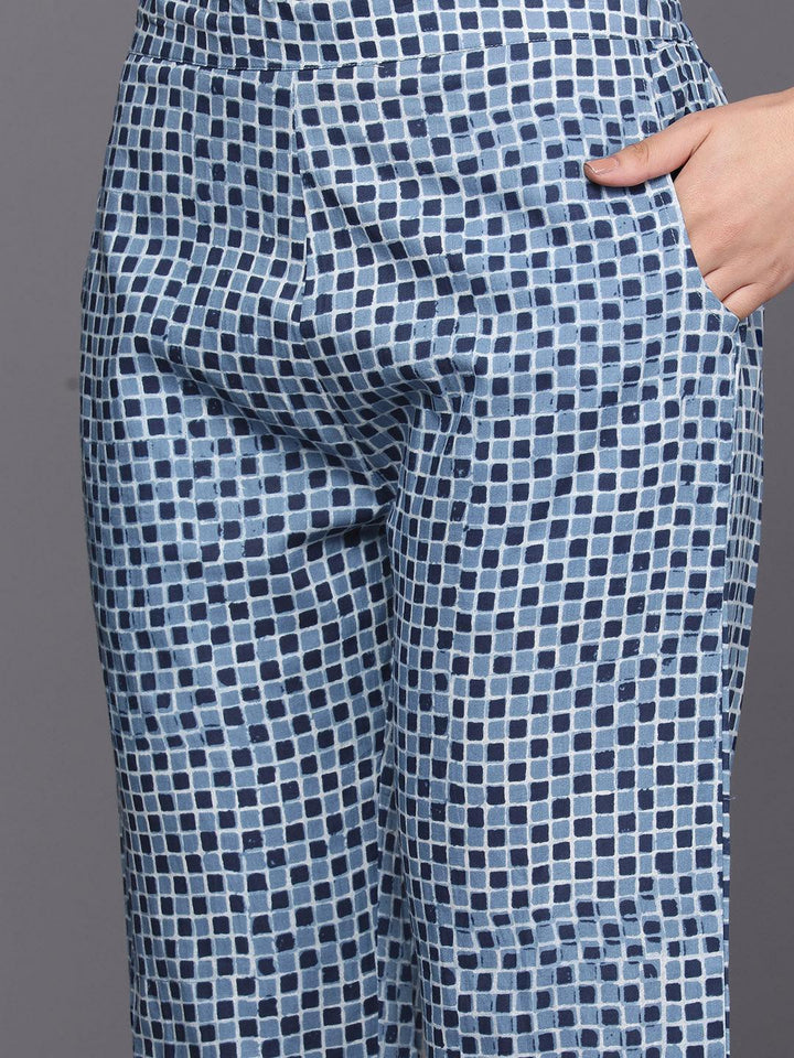 Blue Printed Cotton A-Line Suit Set With Trousers