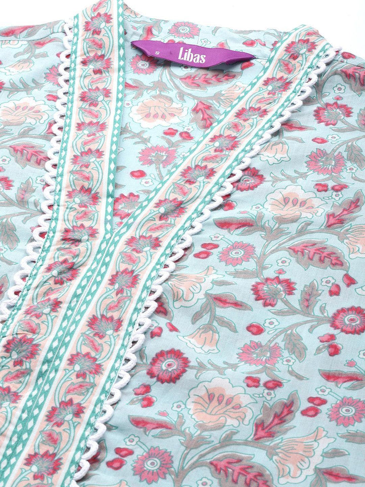 Blue Printed Cotton A-Line Suit Set With Trousers