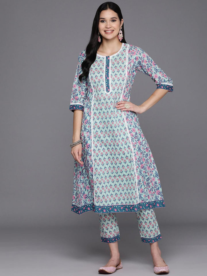 Blue Printed Cotton A-Line Kurta With Trousers