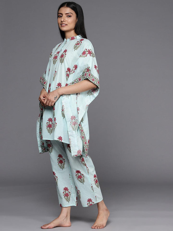 Blue Printed Cotton Kurta Set