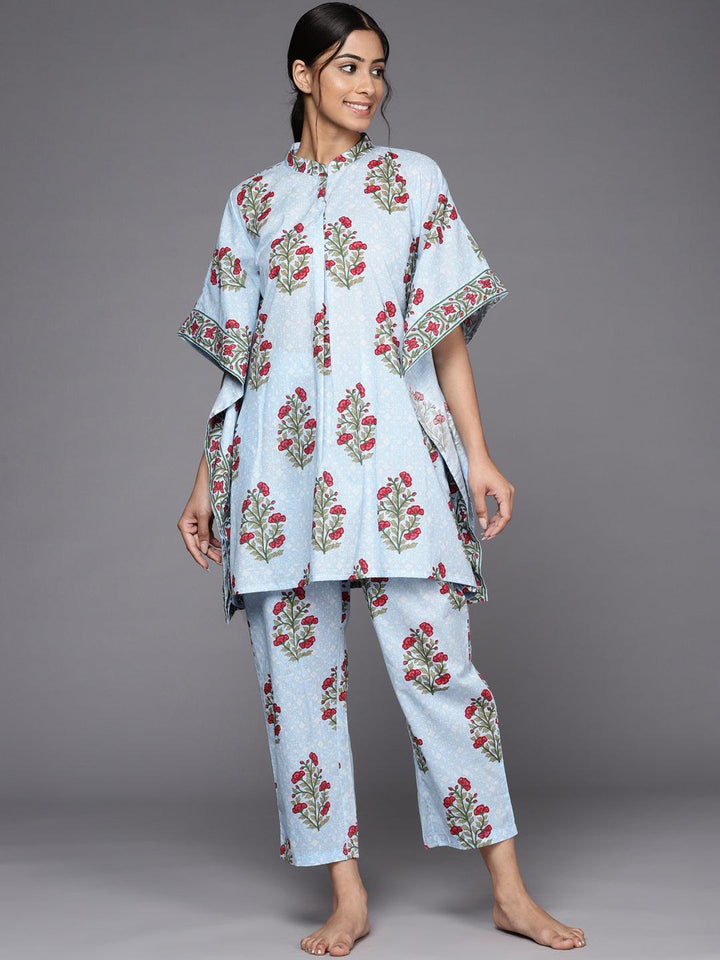 Blue Printed Cotton Night Suit