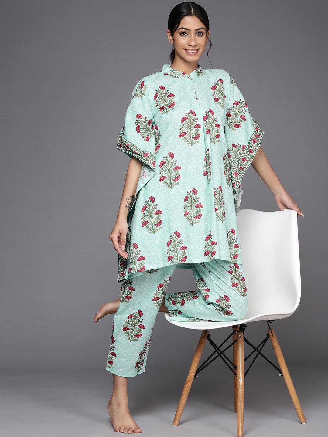 Blue Printed Cotton Night Suit - ShopLibas