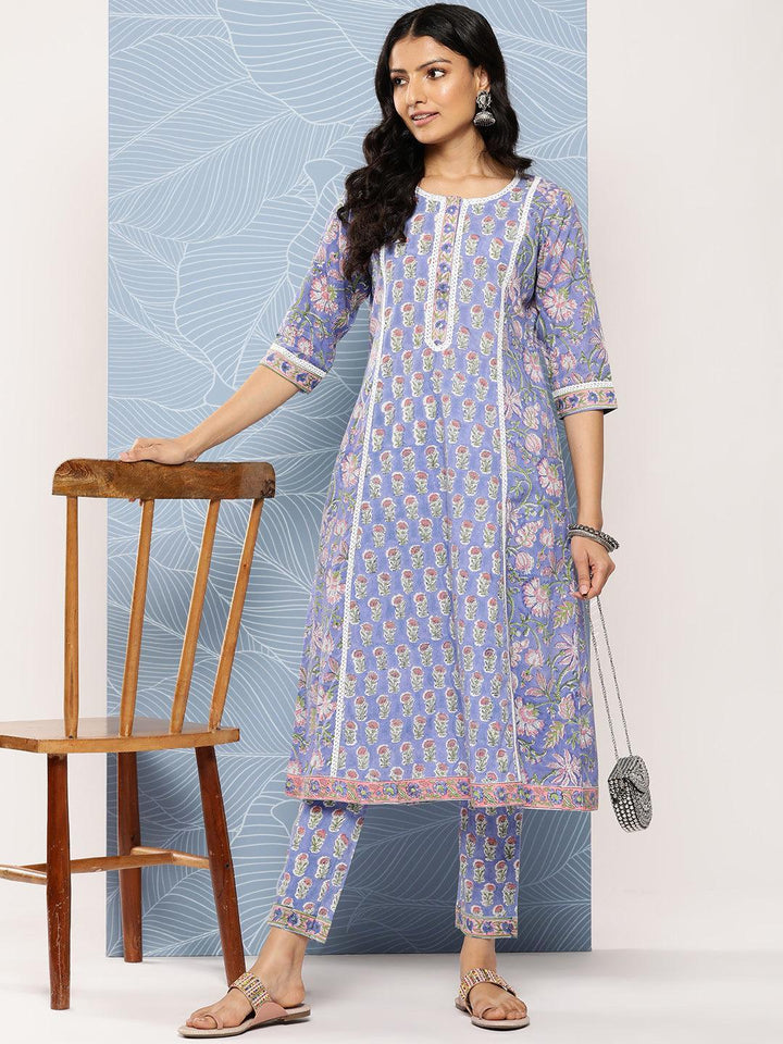 Blue Printed Cotton A-Line Kurta With Trousers