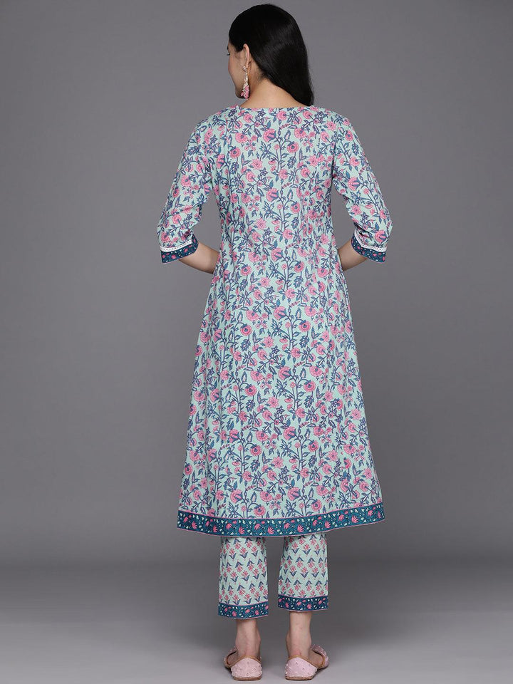 Blue Printed Cotton A-Line Kurta With Trousers