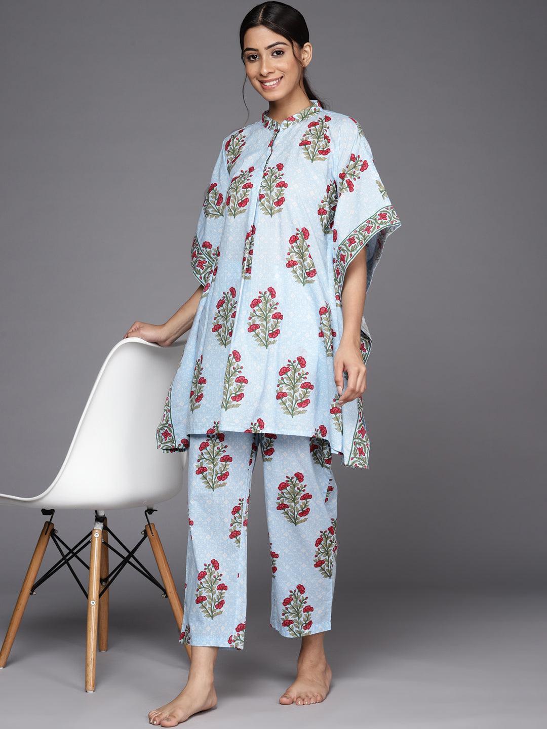 Blue Printed Cotton Night Suit - ShopLibas