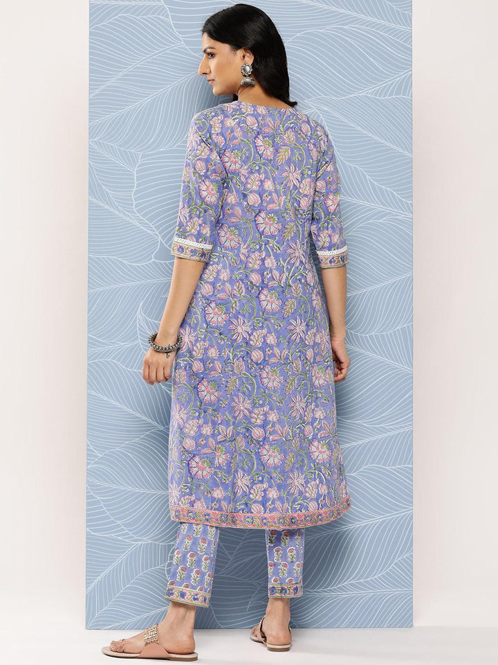 Blue Printed Cotton A-Line Kurta With Trousers