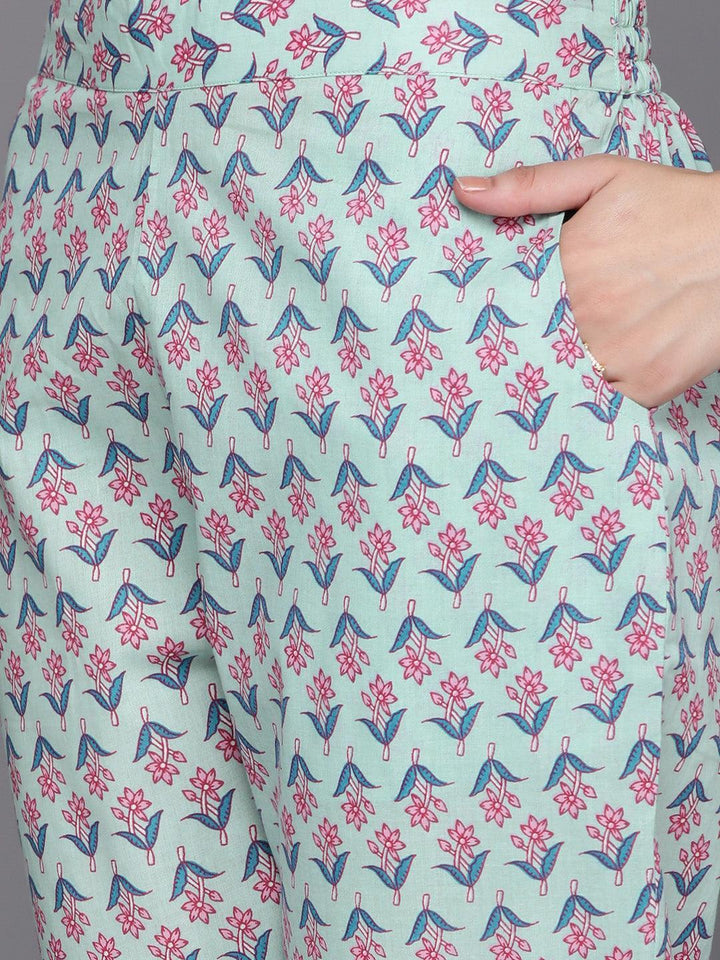 Blue Printed Cotton A-Line Kurta With Trousers