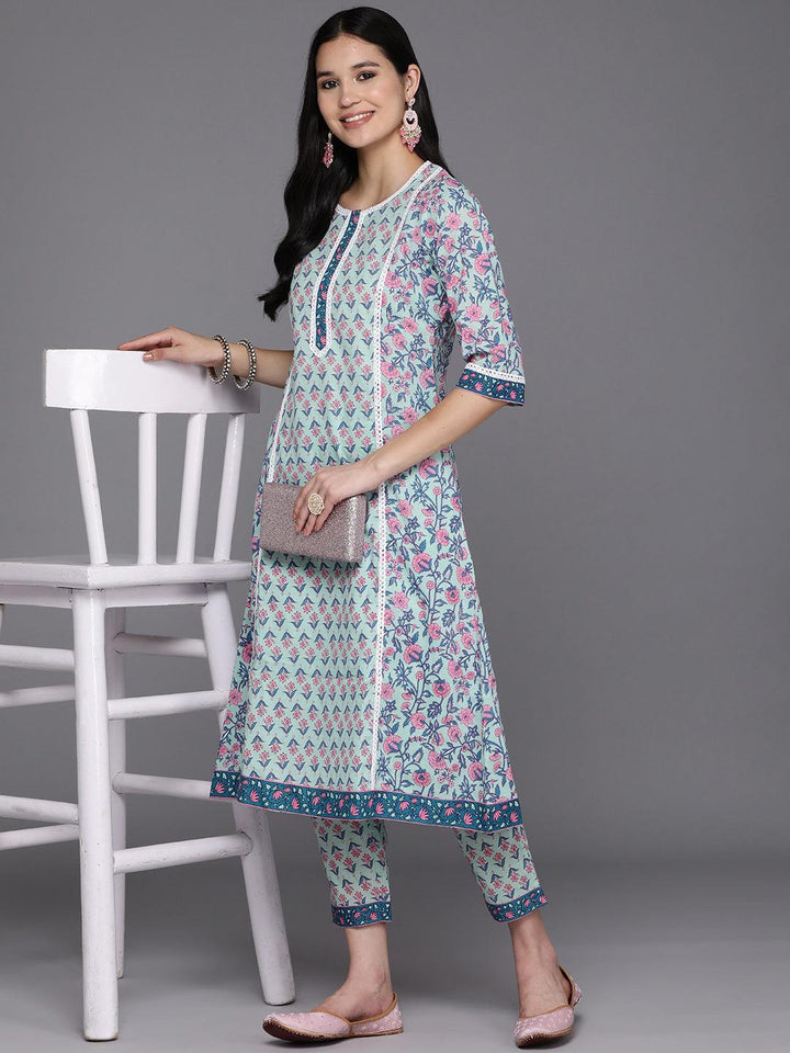 Blue Printed Cotton A-Line Kurta With Trousers