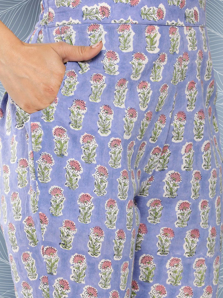 Blue Printed Cotton A-Line Kurta With Trousers