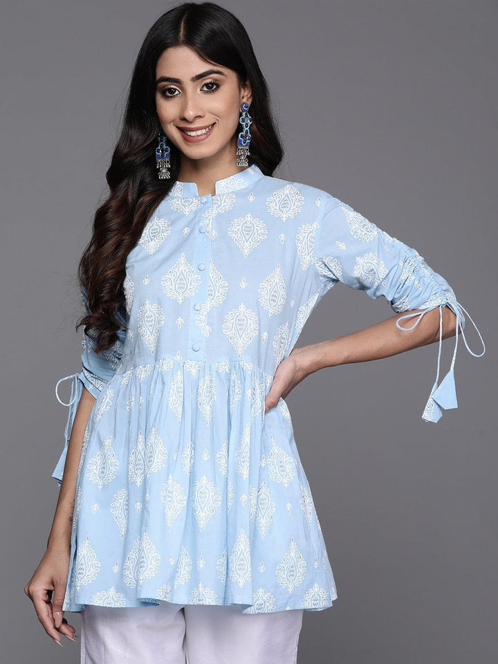 Blue Printed Cotton A-Line Kurti