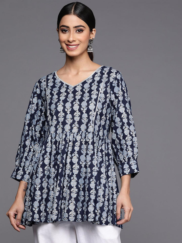 Blue Printed Cotton A-Line Kurti