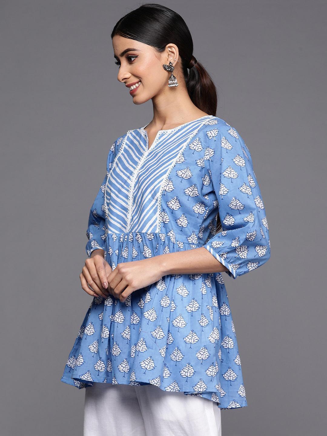 Blue Printed Cotton A-Line Kurti - ShopLibas
