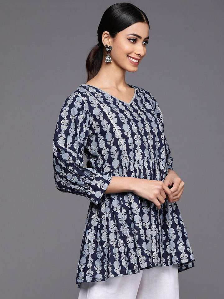 Blue Printed Cotton A-Line Kurti
