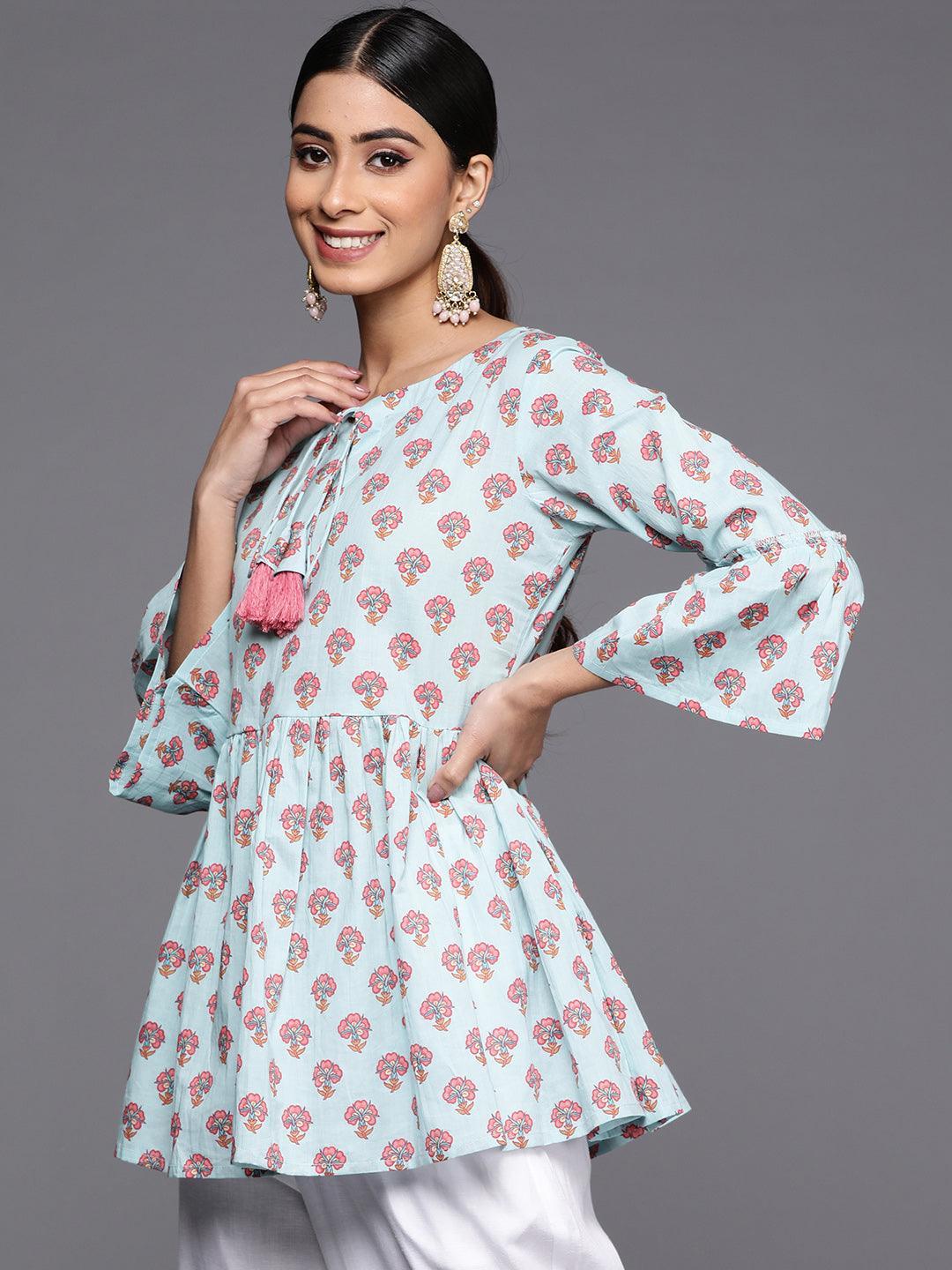 Blue Printed Cotton A-Line Kurti - ShopLibas