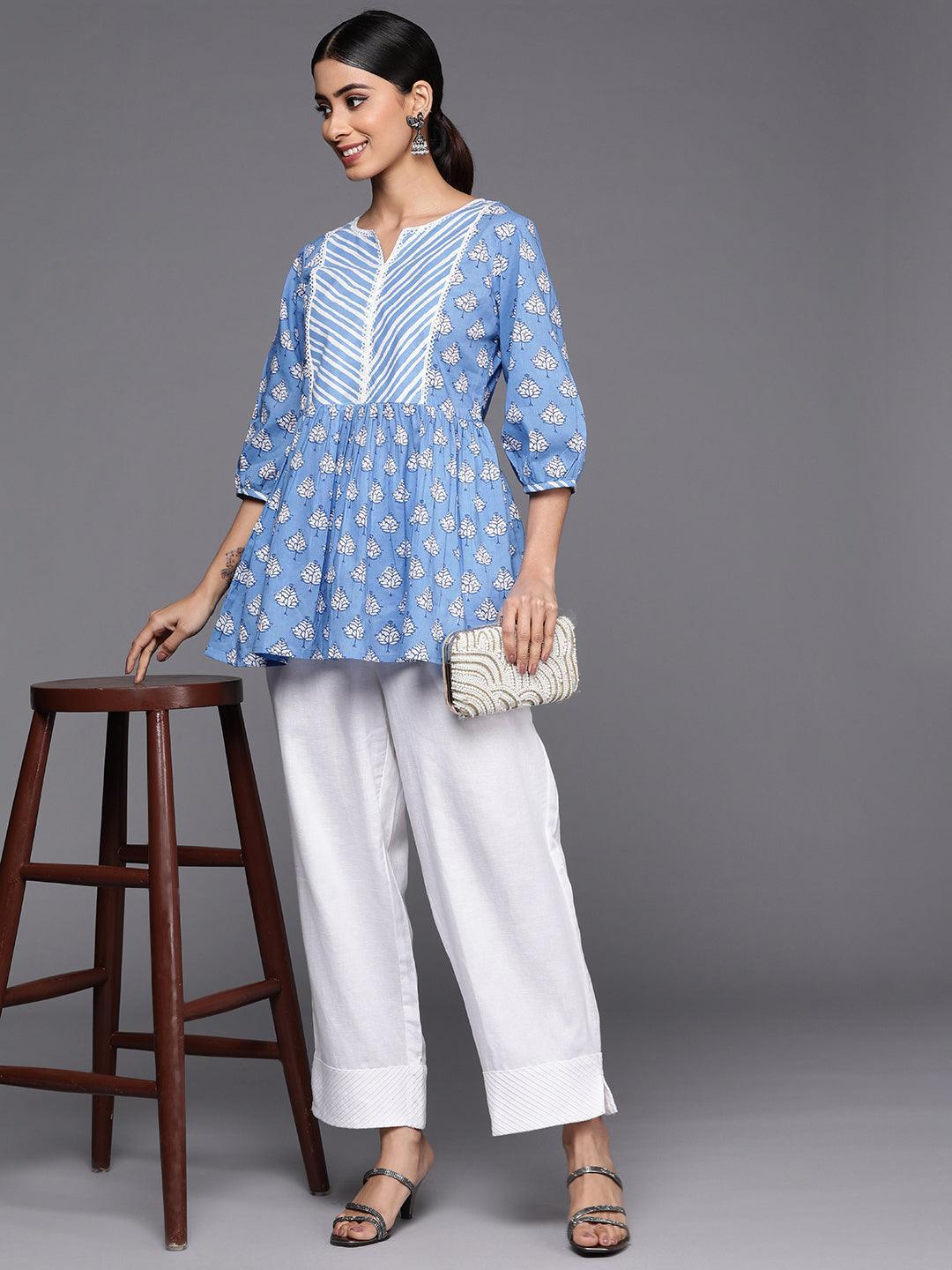 Blue Printed Cotton A-Line Kurti - ShopLibas