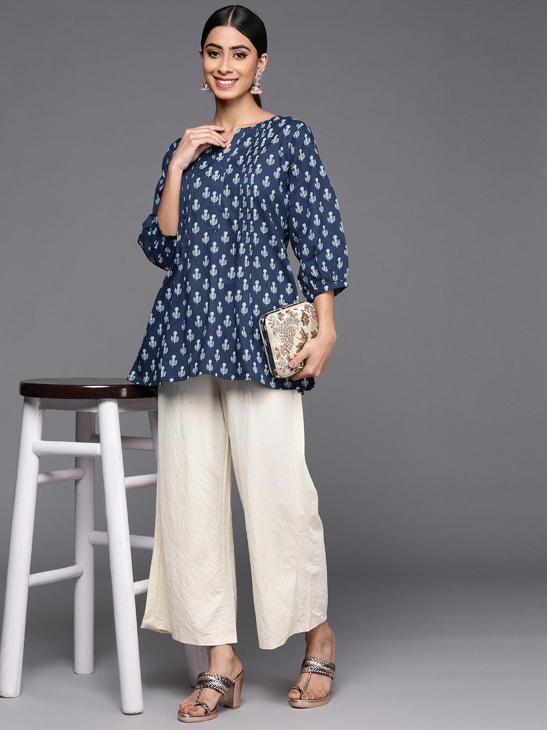 Blue Printed Cotton A-Line Kurti - ShopLibas