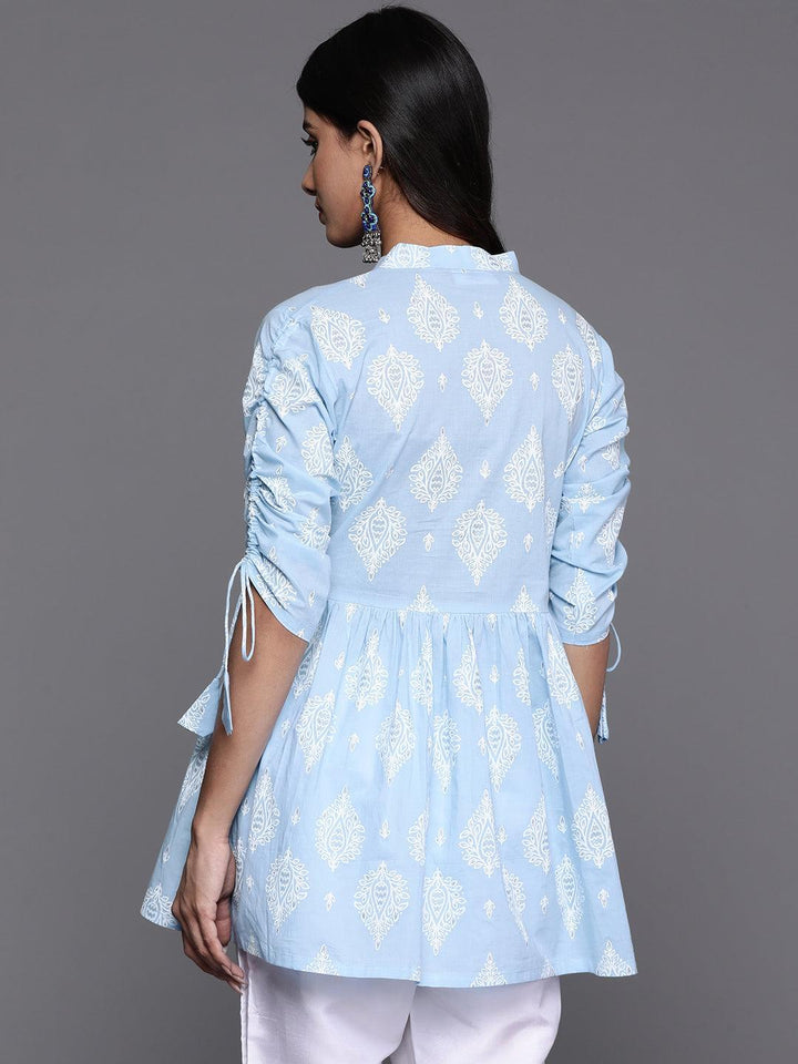 Blue Printed Cotton A-Line Kurti